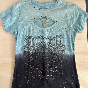Affliction Teal and Black Short Sleeve Top